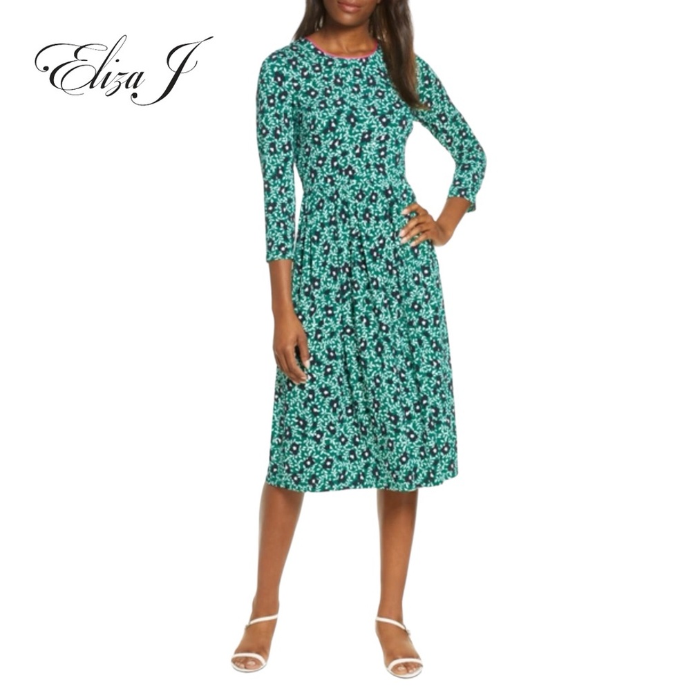 Eliza J Women 6 |Green Floral Print 3/4 Sleeve Knit Midi Stretch Dress